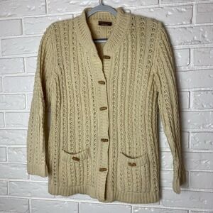 Gaeltarra Knit Sweater Womens Sz L Tan/Yellow Bamboo Button 100% Pure New Wool